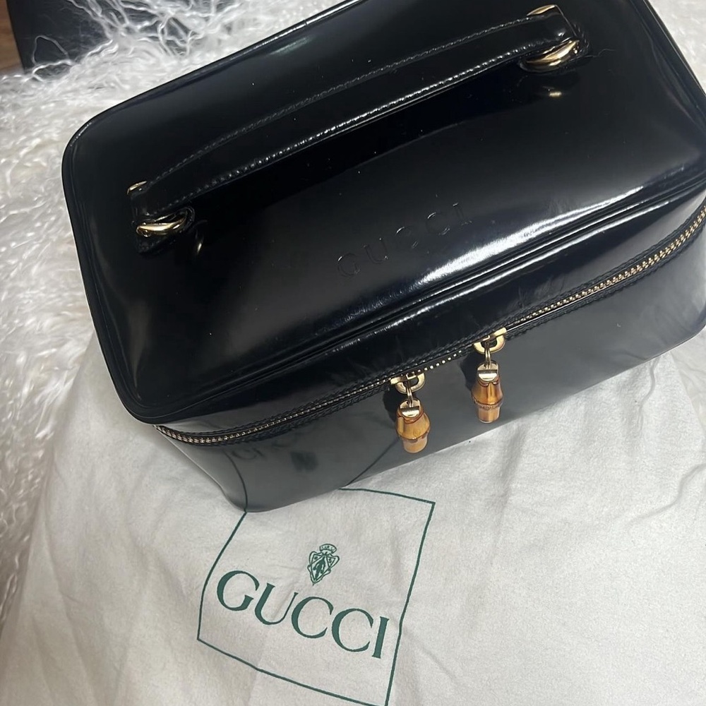 Gucci train case/makeup case, vintage bamboo perfect black patent leather